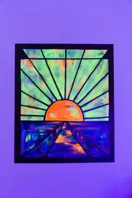 a stained glass window on a purple wall at Artful Retreat - King Bed, Work Desk, WIFI, Unique Murals, Perfect for Business Travelers, Downtown & Near Universal Studios in Burbank