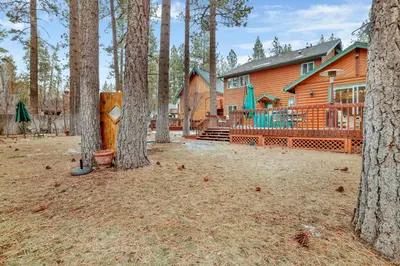 a cabin in the woods with a yard with trees at Fawnskin Log Cabin- Luxurious Group Log Cabin Estate- Hot Tub- Walk to Lake in Fawnskin
