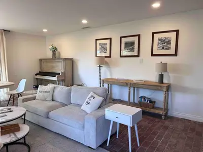 a living room with a couch and a piano at Malibu Ocean Villa with King Bed, Hot Tub, Beach, BBQ in Malibu