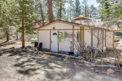 a small white shed in the woods with trees at Less Than 1 Mi to Big Bear Lake Fawnskin Cottage with Grill in Fawnskin