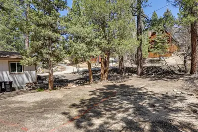 a yard with trees in front of a house at Less Than 1 Mi to Big Bear Lake Fawnskin Cottage with Grill in Fawnskin