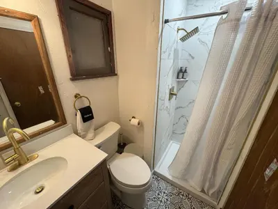 a bathroom with a shower and a toilet and a sink at Three Pines Cabins in Big Bear Lake