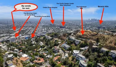 an aerial view of a city with buildings at Updated Gorgeous studio condo in West Hollywood with Pool in Los Angeles