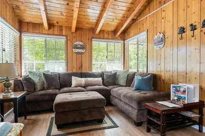 a living room with a brown couch and wooden walls at Apples Delight -WALK TO THE LAKE! Enjoy the huge backyard with lovely forest views ! in Big Bear Lake
