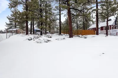 a yard covered in snow with a fence and trees at Bear Paw Cabin - Cozy and quaint, the perfect mountain getaway! in Big Bear Lake
