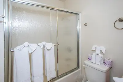 a bathroom with a shower and a toilet with towels at Ben's Cool Cabin - Phenomenal views and an ideal location close to all the local attractions! in Big Bear Lake