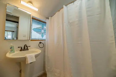 a bathroom with a sink and a shower curtain at Evergreen Paradise - Beautiful newly remodeled cabin with Hot Tub and Game Room! in Big Bear Lake