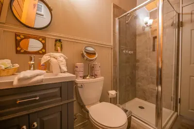 a bathroom with a toilet and a shower at Fawnskin Family Cabin - Nicely decorated cabin with a lake view and a Foosball Table! in Fawnskin