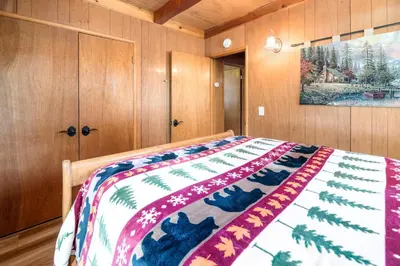 a bedroom with a bed with a colorful blanket on it at Finch Nest - Beautiful cabin in a convenient location! in Big Bear Lake