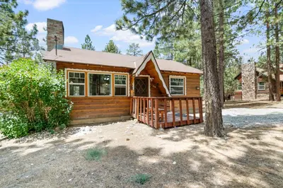a log cabin with a porch and a tree at Finch Nest - Beautiful cabin in a convenient location! in Big Bear Lake