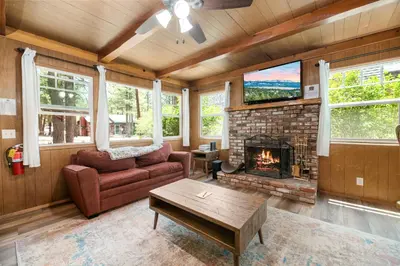 a living room with a couch and a fireplace at Finch Nest - Beautiful cabin in a convenient location! in Big Bear Lake