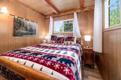 a bedroom with a bed in a room with a window at Finch Nest - Beautiful cabin in a convenient location! in Big Bear Lake