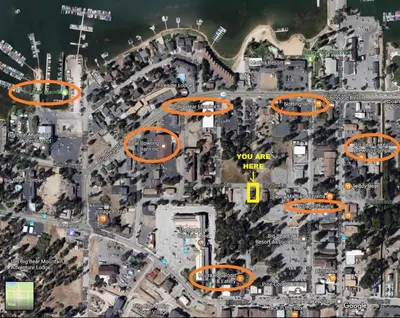 a map of a city with orange circles at Village Hideaway - Perfectly cozy cabin with a beautiful location, walking distance to everything! in Big Bear Lake