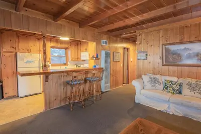 a living room with a couch and a bar in a cabin at Sauer Suite - Cozy, rustic cabin walking distance to Holloway's Marina with peek-a-boo lake views! in Big Bear Lake