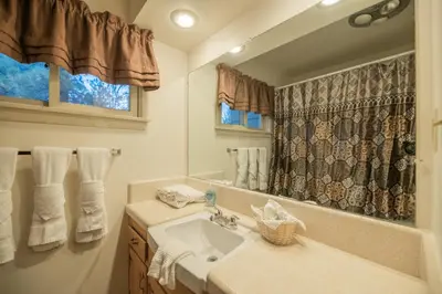 a bathroom with a sink and a mirror at Sauer Suite - Cozy, rustic cabin walking distance to Holloway's Marina with peek-a-boo lake views! in Big Bear Lake