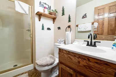 a bathroom with a toilet and a sink and a shower at North Shore Lakefront - Spacious Lakefront with Hot Tub, & Game Room in Fawnskin