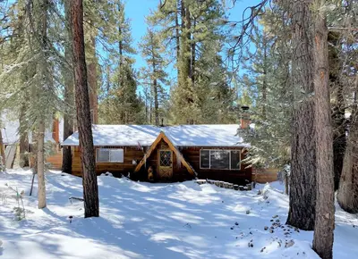 a log cabin in the woods in the snow at Little Big Pine - Perfect, stylish cabin near the lake with a great deck in Big Bear Lake