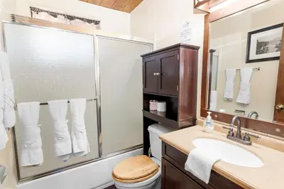 a bathroom with a sink and a toilet and a shower at The Cuddle Inn - True feeling of a great cabin! Beautiful and homey! Walking distance to the lake! in Big Bear Lake