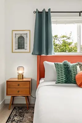 a bedroom with a bed and a window at East Village Arts District, King Suite with Sofa Bed NRP23-01221 in Long Beach
