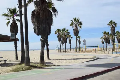 a street with palm trees on the beach at Villa by the Ocean in Venice Beach in Los Angeles