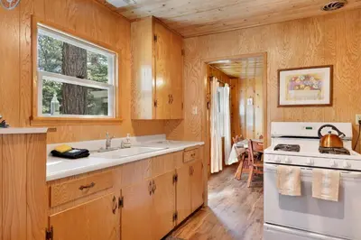a kitchen with a sink and a stove in it at Pinglewood Cabin- Furnished Fawnskin Group Retreat in Fawnskin