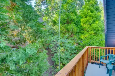 an aerial view of a deck with trees at Steps to Lake Arrowhead Cabin with Full Lake Access in Lake Arrowhead