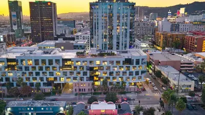 an aerial view of a city at night at Urban Jungle by AvantStay in Los Angeles
