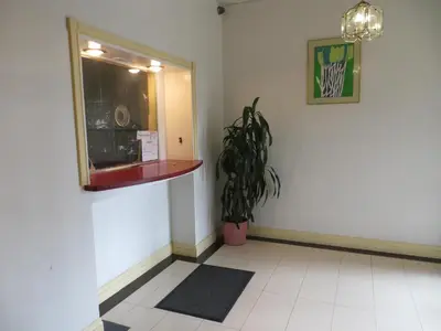 a hallway with a potted plant and a window at Jet Inn in Los Angeles