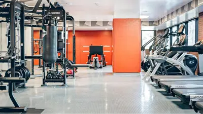 a gym with treadmills and cardio machines at Hollywood studio w pool concierge nr shops LAX-1088 in Los Angeles