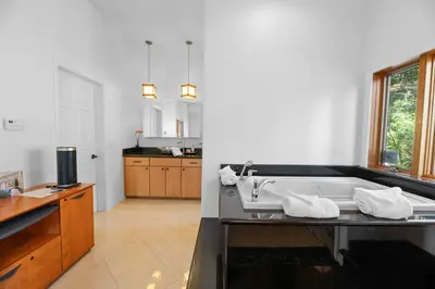 a bathroom with a bath tub in a kitchen at Amazing Grace - Zen mountain retreat with lake views in Fawnskin