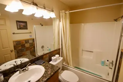 a bathroom with a sink and a toilet and a shower at Lakefront Escape in Big Bear Lake