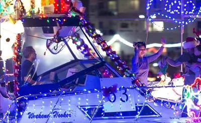a group of people standing around a christmas display at Smoky Quartz -Marina View Spacious 3BR near Yacht Club in Los Angeles