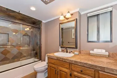 a bathroom with a sink and a shower and a toilet at Arrowhead Lake Cabin pool table stunning views in Lake Arrowhead