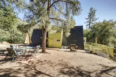 a patio with a table and chairs under a tree at Modern Pine Mountain Club Cabin with Community Pool! in Pine Mountain Club