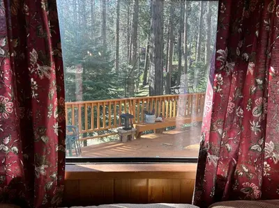 a view of a deck from a window of a porch at Sequoia National Forest CabinD in Panorama Heights
