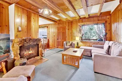 a living room with a couch and a fireplace at Temple Lake Views Walk To Marina & Village Cabin in Big Bear Lake