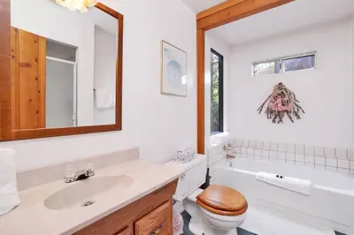 a bathroom with a sink and a toilet and a tub at Temple Lake Views Walk To Marina & Village Cabin in Big Bear Lake