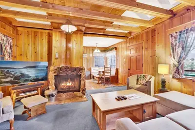a living room with a fireplace and wooden walls at Temple Lake Views Walk To Marina & Village Cabin in Big Bear Lake