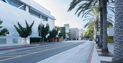 an empty street with palm trees and buildings at Stylish Condo By The Beach in Los Angeles