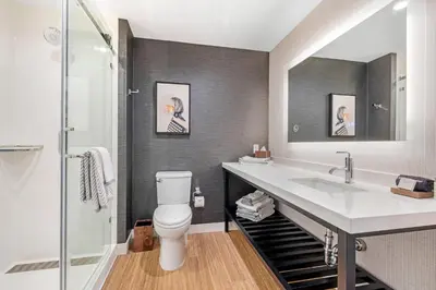 a bathroom with a toilet and a sink and a shower at Cambria Hotel Burbank Airport in Burbank