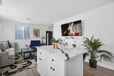 a living room with a fireplace in the middle at Good Shepard Homestay in Los Angeles