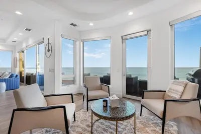 a living room with a view of the ocean at Escondido Escape in Malibu