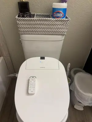 a remote control sitting on top of a toilet at AB&B suite in Chino Hills