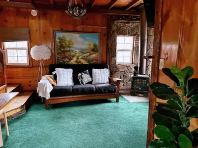 a living room with a black couch and a painting at 1 B1B lake cabin/walk to lake/Boulder bay park in Big Bear Lake