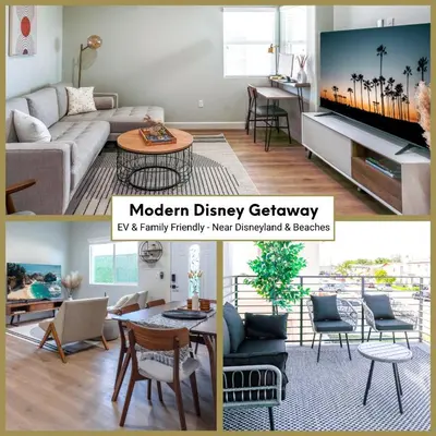 a living room with a couch and a tv at Cozy Luxe Unit Near Disneyland - Sleeps up to 10! EV Friendly & King Bed in Midway City