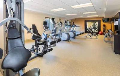a gym with rows of treadmills and machines at Homewood Suites by Hilton San Bernardino in San Bernardino