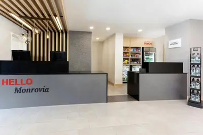 a melo morocco store with a counter in the lobby at TownePlace Suites by Marriott Monrovia in Monrovia