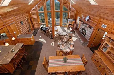 an overhead view of a living room in a log cabin at Peaceful Cabin Home with Breathtaking View! in Big Bear City