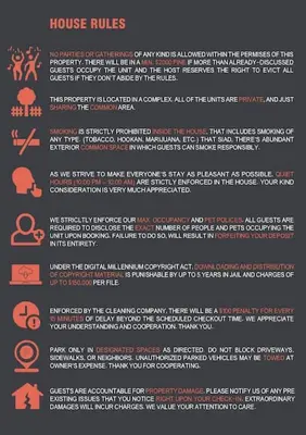 a poster of a list of house rules at 2BR Suite in the Heart of Hollywood -BR5 in Los Angeles
