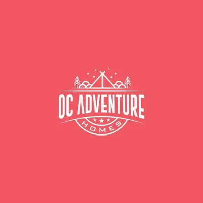 a red logo with a house and the words dc adventure homes at Avengers Campus by OC Adventure Homes in Buena Park